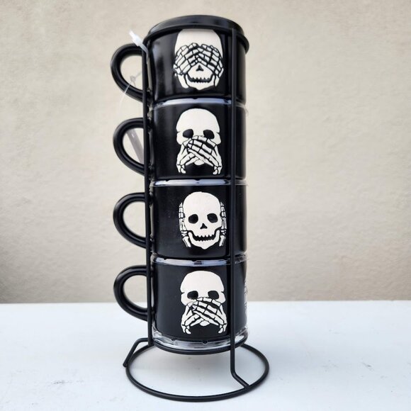 NEW Ceramic Skeleton Espresso Mugs Mug Set of 4 Stacking Stackable Black Stonewa - Picture 6 of 15